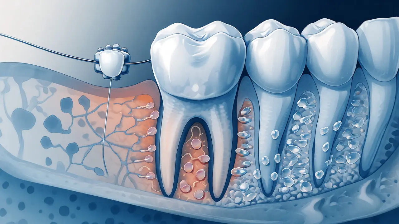 Ilustrace remodelace kosti při pohybu zubu