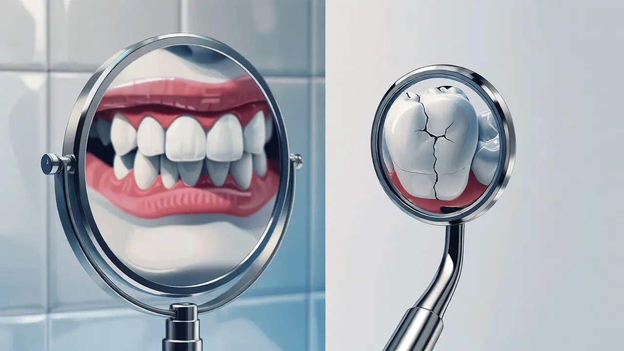 Konceptuální porovnání zkresleného obrazu běžného zrcadla a ostrého odrazu dentálního zrcátka.