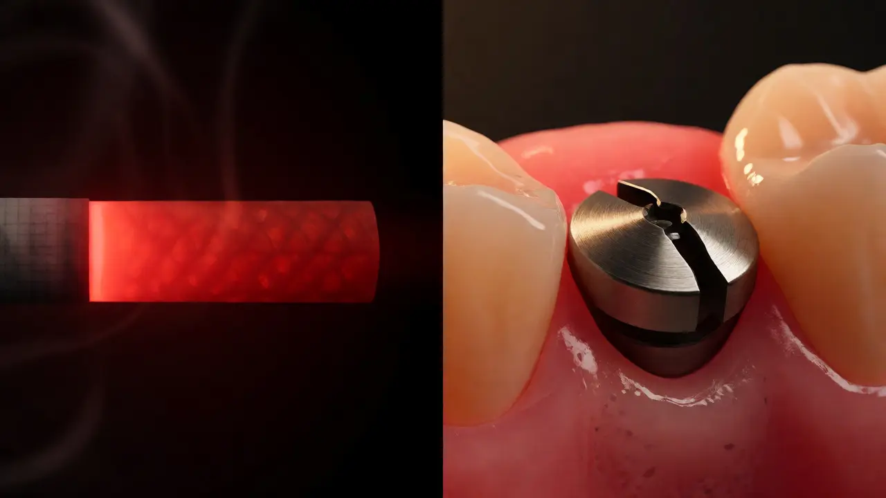 Kontrast mezi kuřáckým rizikem a zdravým hojením zubního implantátu.