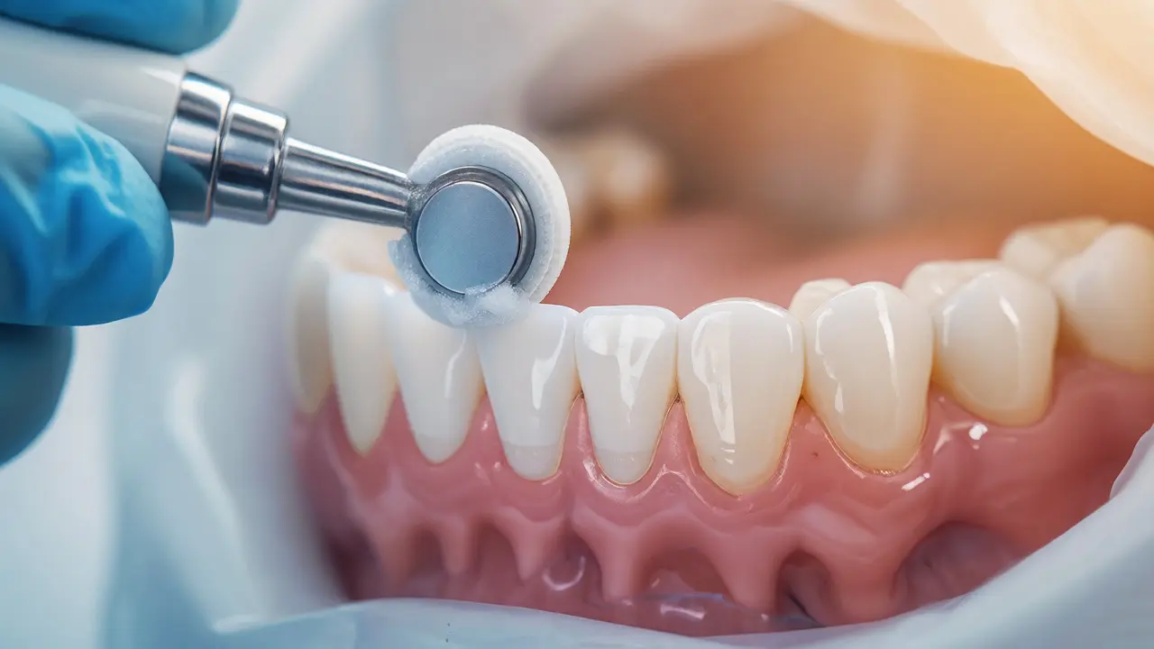 Leštění zubů rotačním nástrojem s pastou jako závěrečná fáze dentální hygieny.