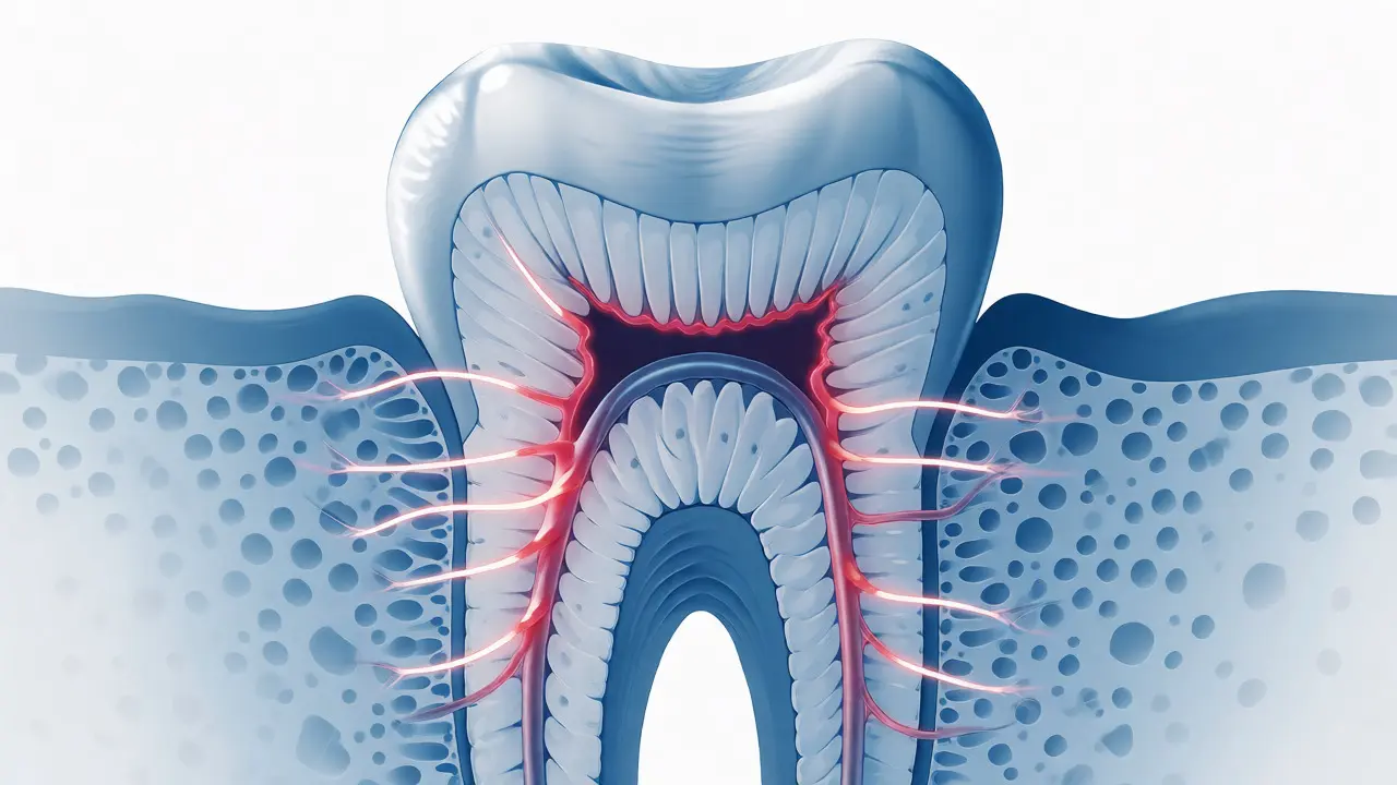Medicínská ilustrace řezu zubem s vyznačeným dentinem a nervovými zakončeními.