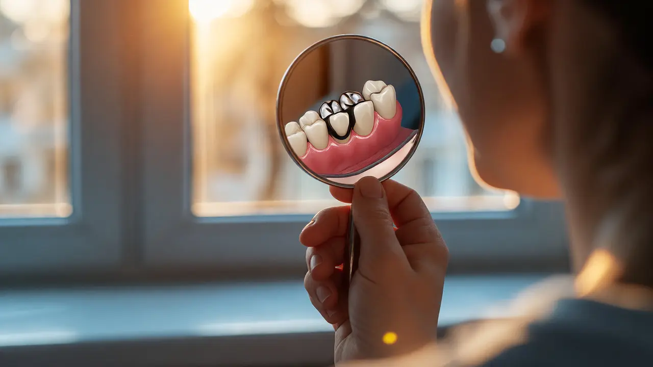 Osoba kontrolující své zuby pomocí dentálního zrcátka před oknem s denním světlem.