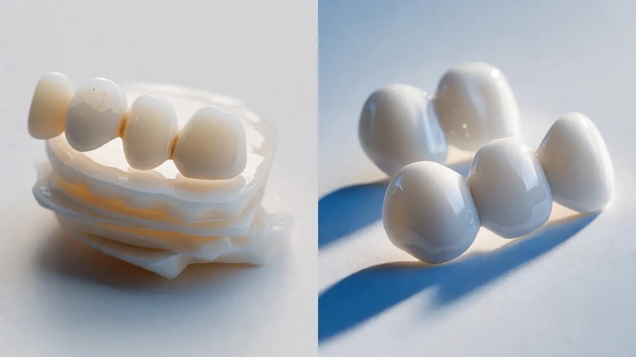 Porovnání materiálů: kompozitní hmoty a porcelánové fazety vedle sebe.
