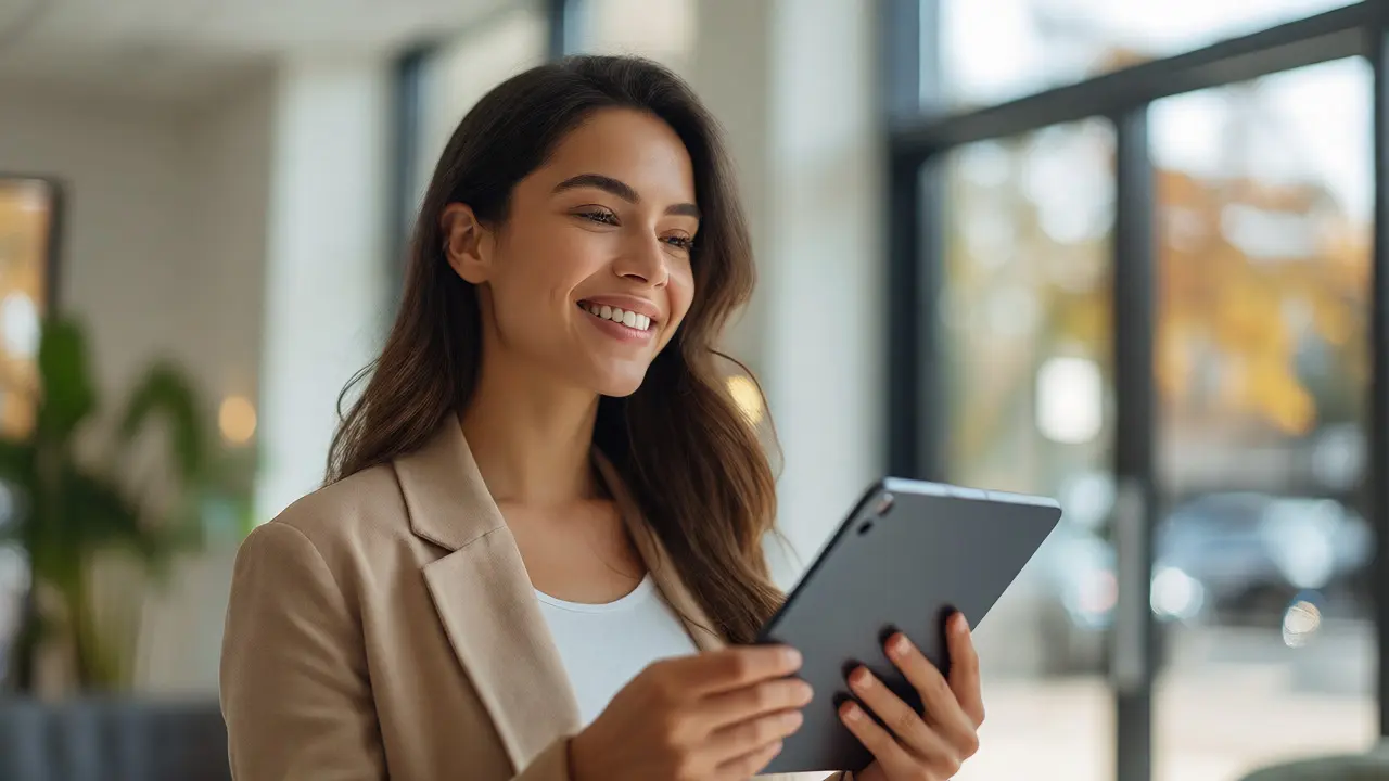 Spokojená pacientka s rovnými zuby drží tablet v ordinaci