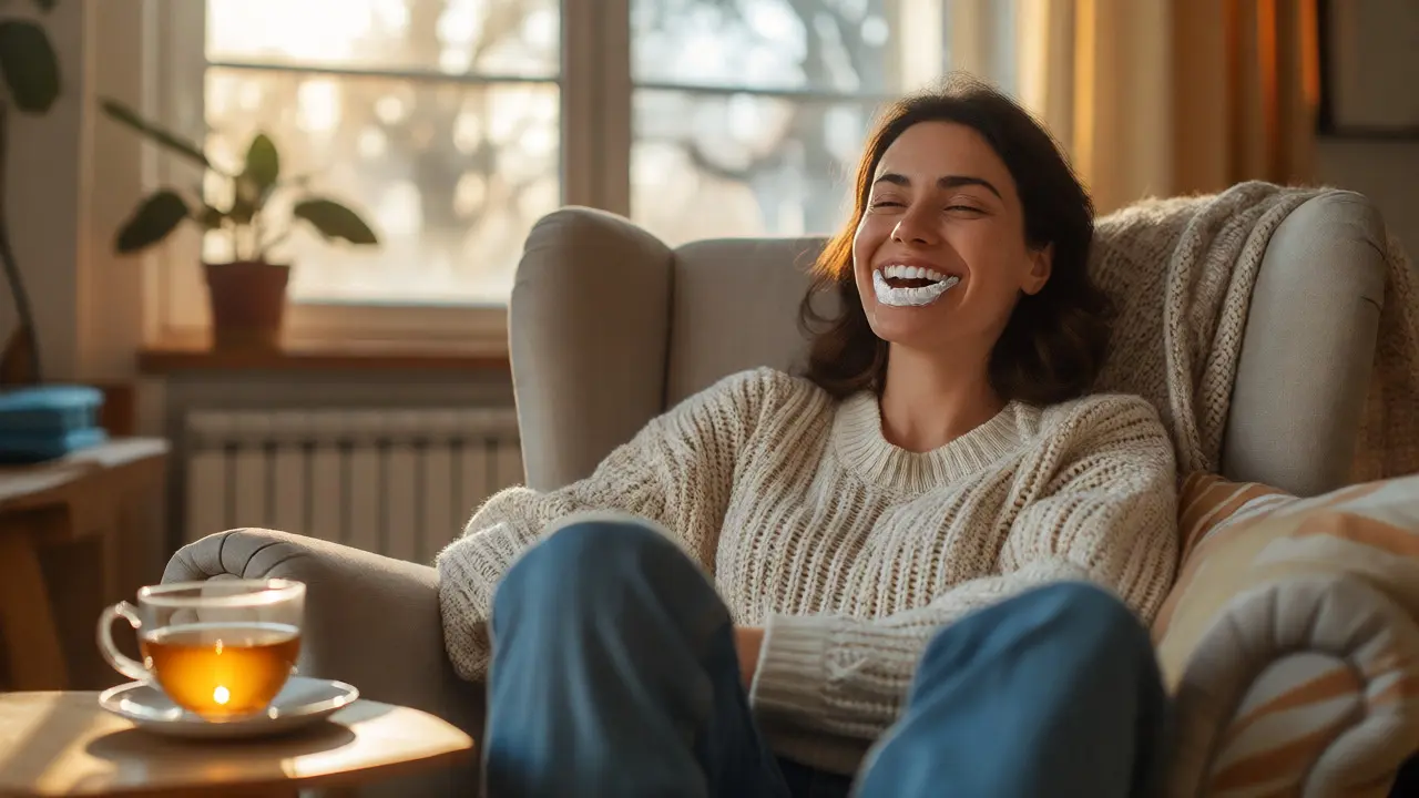 Žena relaxující doma s nasazeným bělicím náustkem