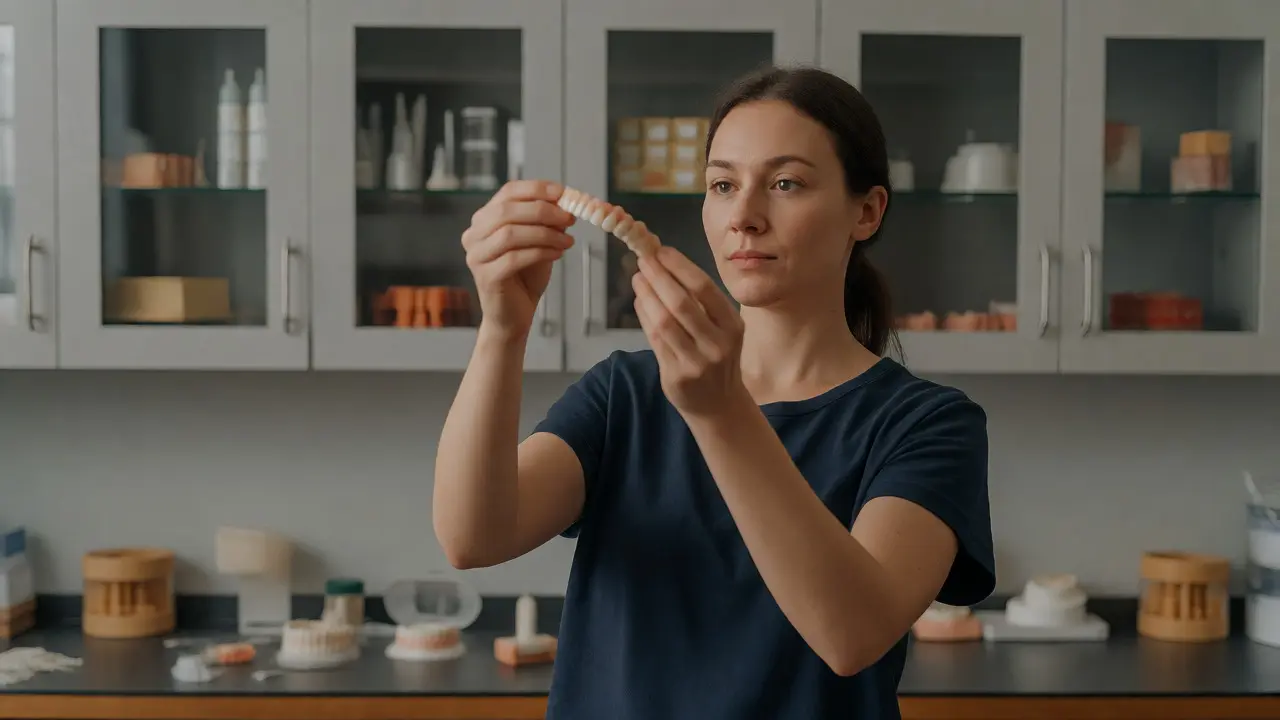 Zkušená zubní technika drží hotovou porcelánovou náhradu ve své laboratoři
