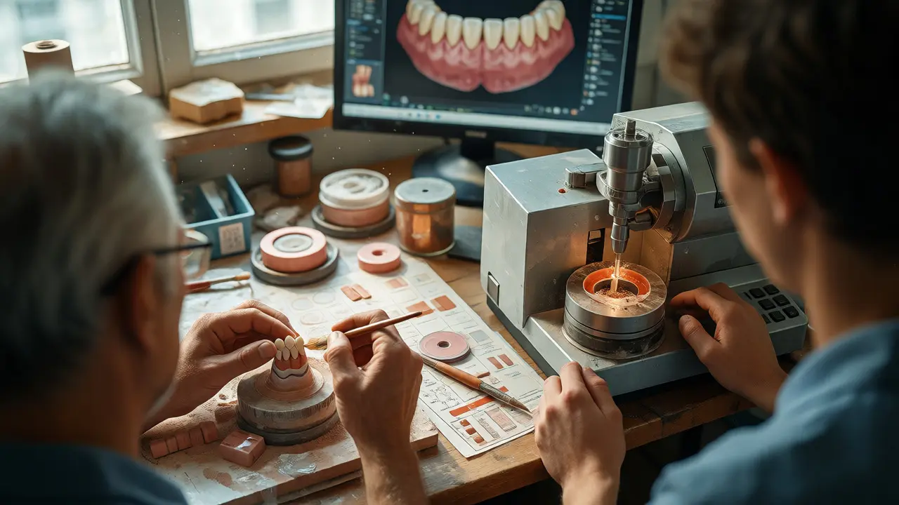 Zubní technici pracují s keramikou a moderními CAD/CAM stroji v dílně